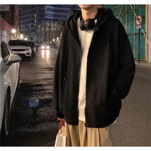 Hooded hoodie coat men's spring new style Hong Kong style loose casual trend clothes all-matching pure color cardigan top