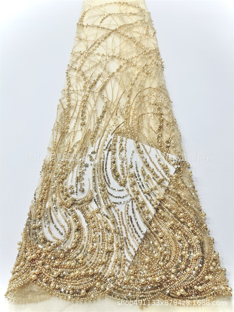 Curva de vórtice de flujo pesado clavos tela de malla tamaño perla sequinilla banquete anfitrión tela de vestido
