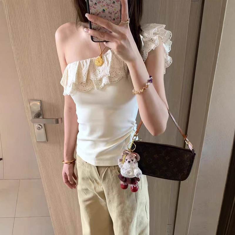 French Ruffled Off-Shoulder Camisole for Women Summer 2025 New Pure Desire Hot Girl Slim Short Off-Shoulder Top