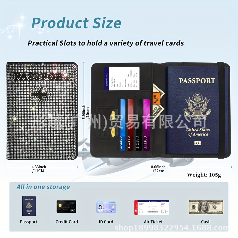 跨境烫钻压变绑带pu皮革RFID护照包套夹travel wallet证件包多色