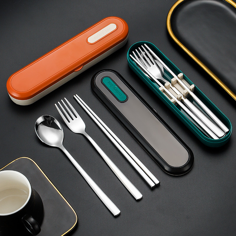Student Portable Tableware suit 316 Stainless Steel Fork Spoon Chopsticks Korean Style Outdoor Travel Storage Box Three-piece Set