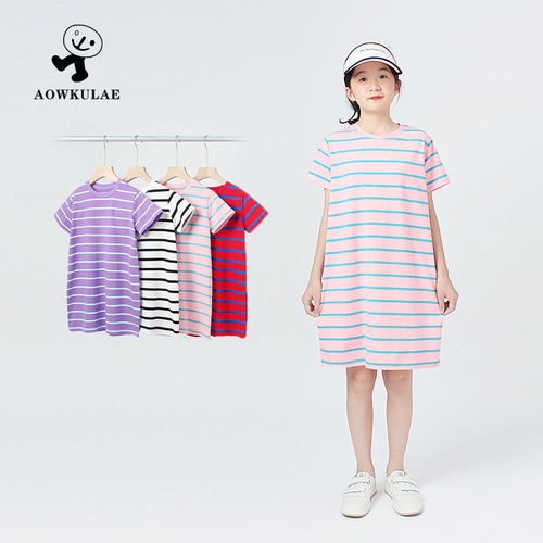 Summer Korean style children's clothing, new girls' dresses, older children's striped breathable casual nightgown, baby girl's long skirt