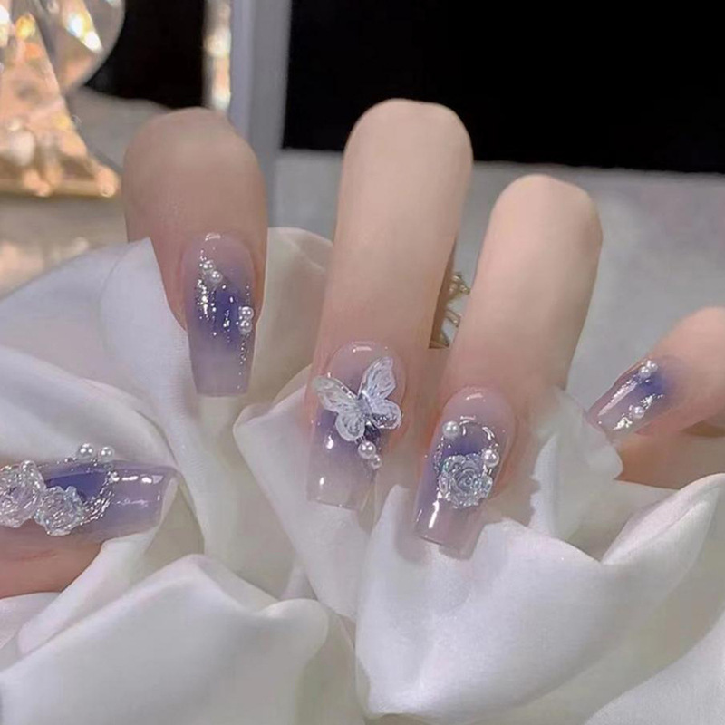 Douyin Wearing Nails Pure Desire Fairy Temperament Manicure Pieces Blush Blue Smudged Aurora Butterfly Camellia Nail Stickers