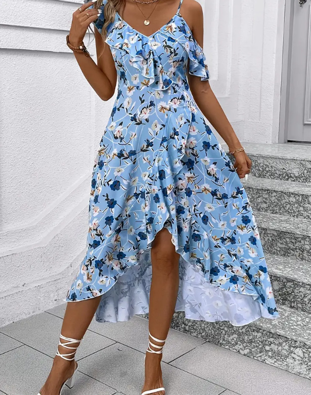 Women's Clothing Floral Print Sundress Irregular Slit Slim Waist Vacation Style Long Dress Fairy Beach Photos Dress For Women_ecoleips.com