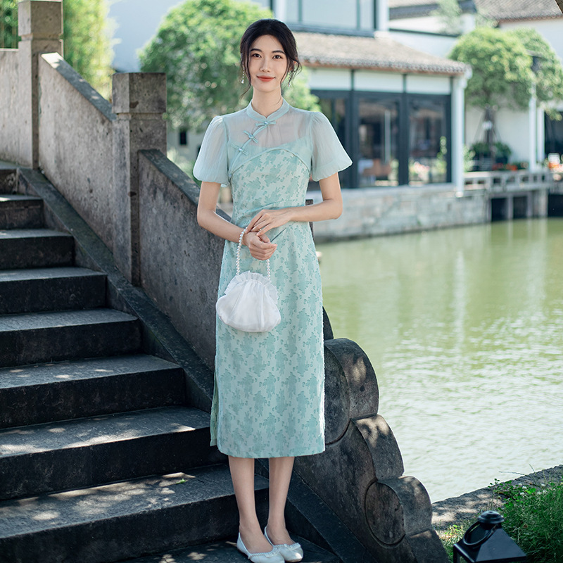 Improved Cheongsam Vintage Elegant Slim-Fit Long Dress Cut Flower Young Girl's dress Sheath Straight Skirt Two-Piece Set