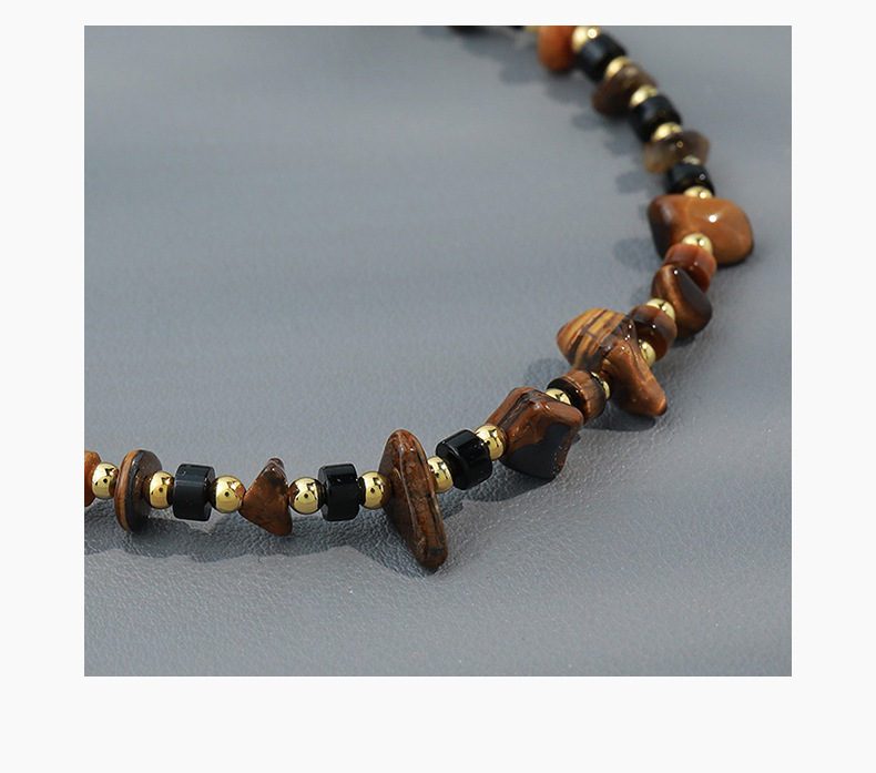 Linglang Vintage Tigerite Agate Beaded Necklace 18K Gold-plated Choker Natural Stone Necklace Boho Jewelry