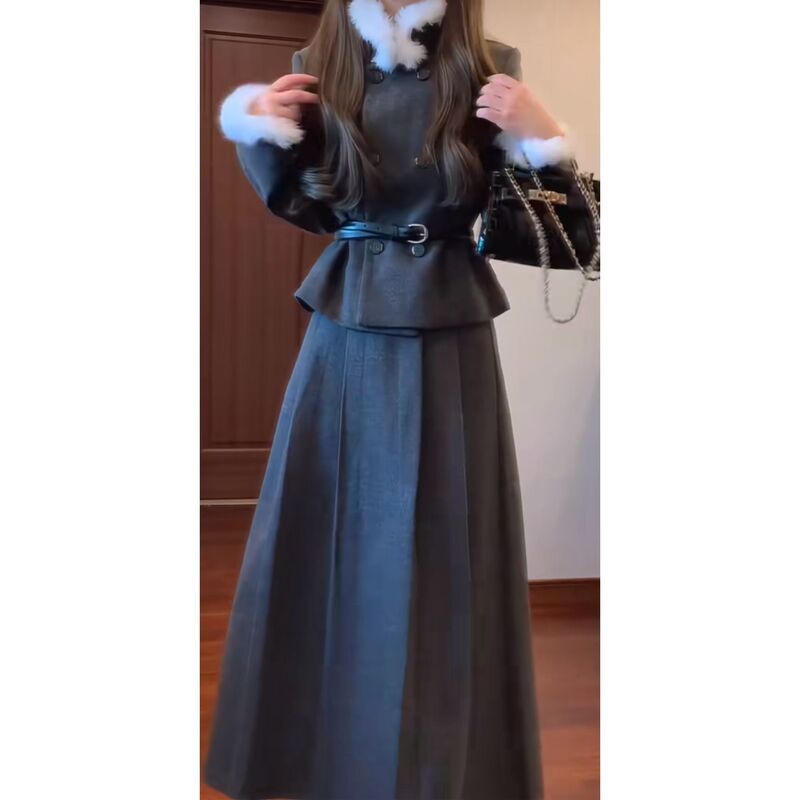 韩系气质小香风千金感毛领外套女秋冬高腰百褶半身裙套装甜美精致|undefined
