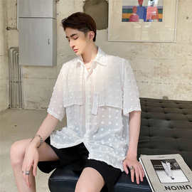夏季新款小众款韩版立体波点半袖男士衬衫个性设计感薄款潮流衬衣
