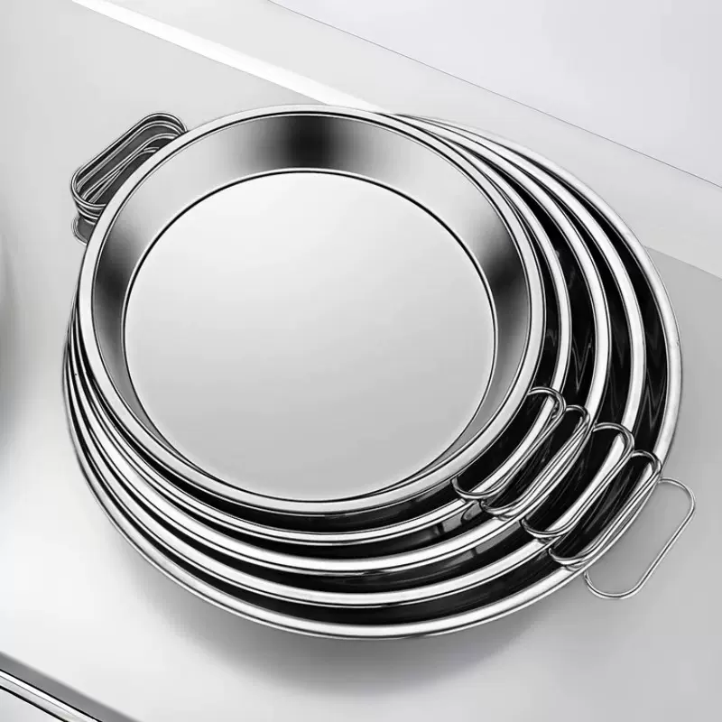 加厚无磁不锈钢糕点盘锣锣凉皮盘子家用蒸肠粉盘糕盘圆盘加深盘