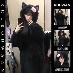 可爱小仓鼠连帽珊瑚绒睡衣女秋冬季保暖连帽开衫睡袍美少女家居服