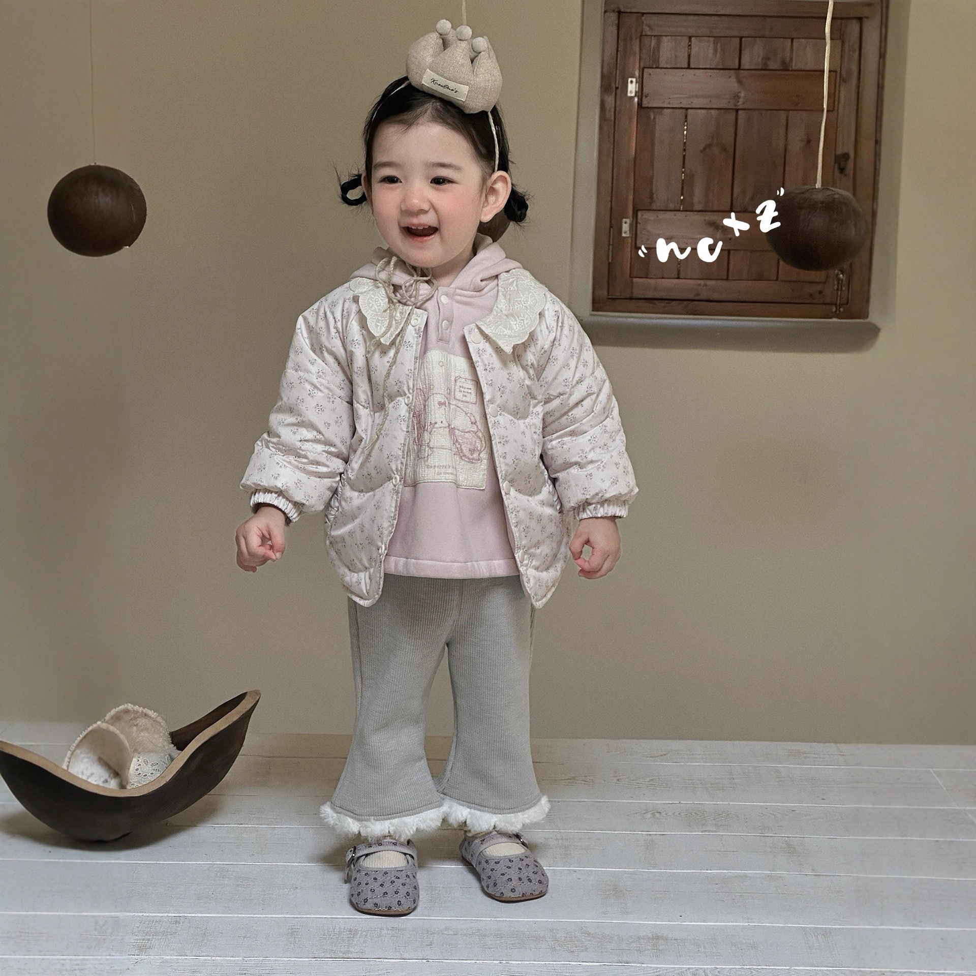 奶茶小猪婴幼童童装秋款女宝宝碎花羽绒服外套卫衣加绒休闲裤8179