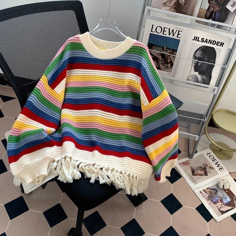 Rainbow Striped Long Sleeve Knitted Sweater Autumn 2025 New Autumn and Winter Loose Korean Style Slim Tassel Top
