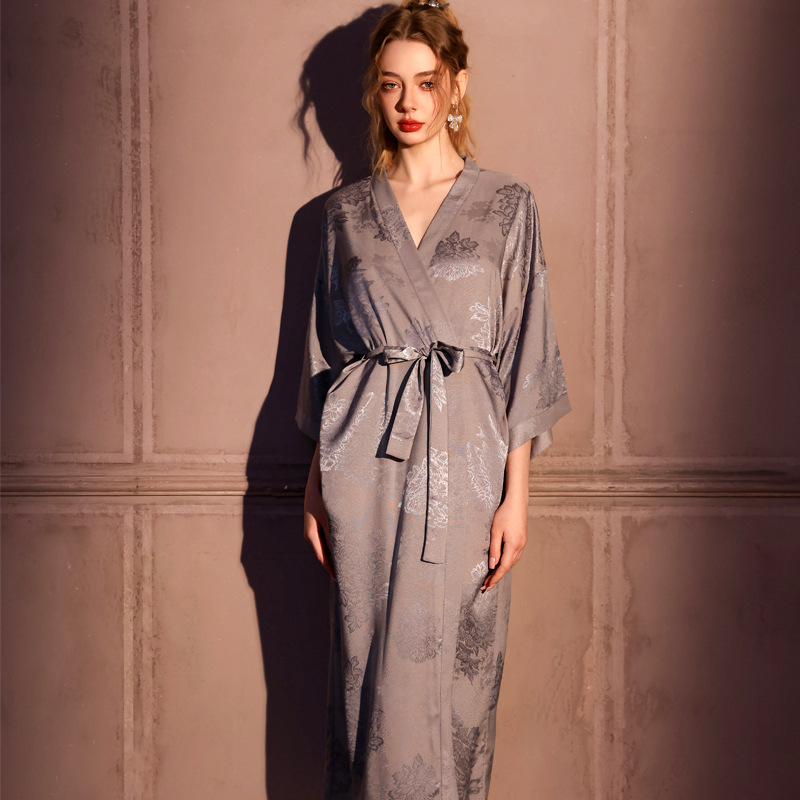 High-End Luxury Jacquard Satin Loose-Fitting Plus-Size Women's Robe, Ice Silk Home Bathrobe, Morning Robe, Extended Length Single Robe