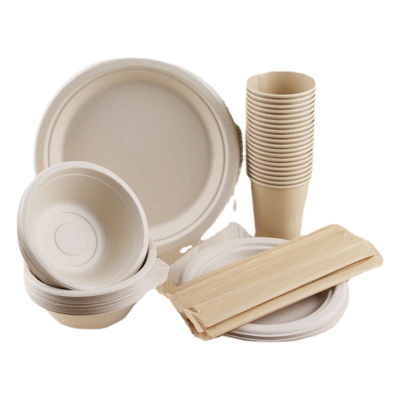 Cuencos desechables y palillos traje 5-Persona placa tazón taza palillos vajilla picnic camping degradable pulpa partido placa