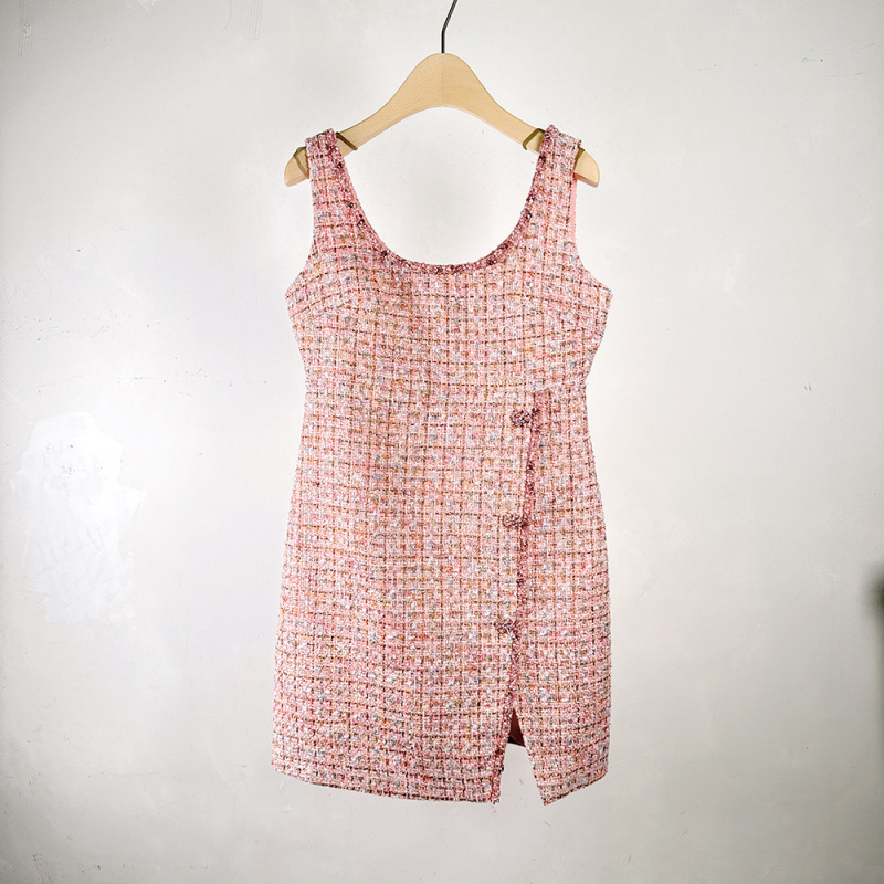 Chanel-Style Spaghetti Strap Dress 2026 Spring New Model Elegant Socialite High-End Tweed Slimming Slit Dress for Women