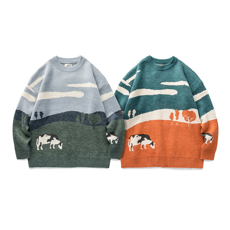 Cross-border E-commerce Cow Sweater Knitted Sweater Crewneck Pullover Japanese Fashion Style Cow Prairie Sweater Men
