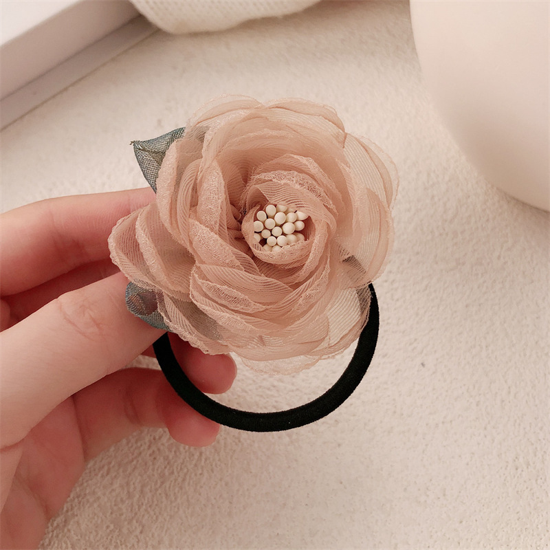 Nuevo anillo de cabello de flores de malla de goma de goma de goma de cabello de la chica de la cola de cabello de la chica pequeña fragancia
