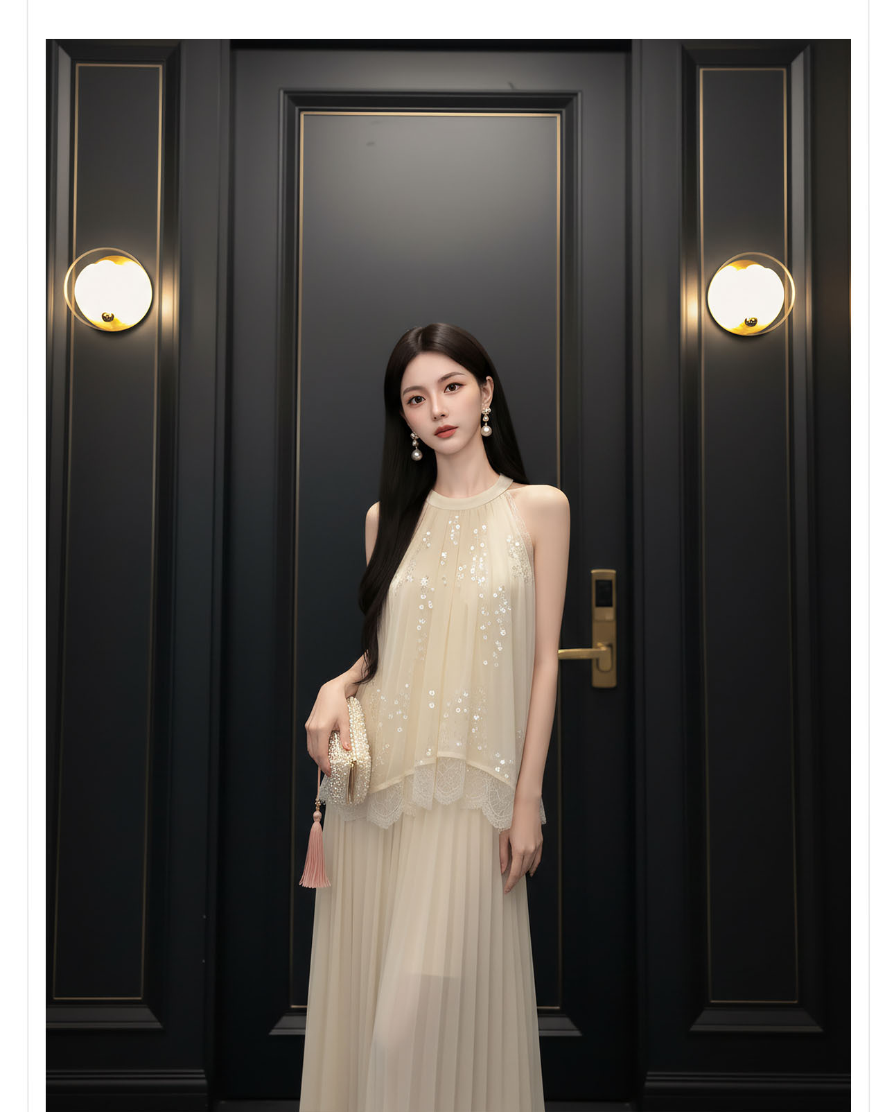 Áo croptop nữ tay ngắn cổ yếm xếp ly đính sequin phối bộ — bộ đồ, nửa váy, Gạo trắng Top chi tiết 6