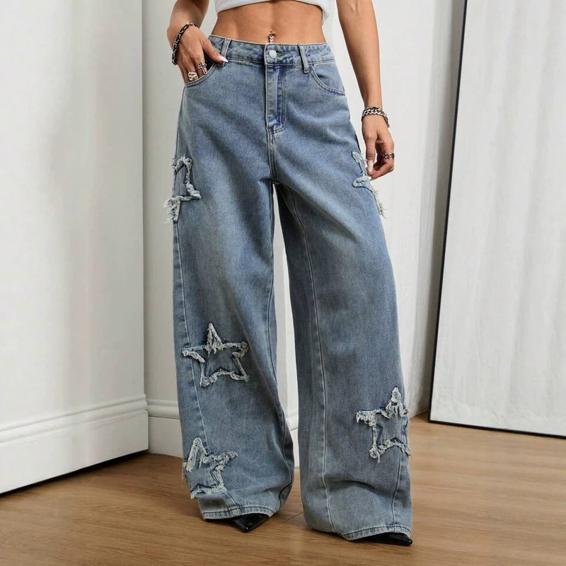 Star patch jeans for women, new spring/summer high-waisted loose wide-leg long pants, straight floor-length trendy trousers