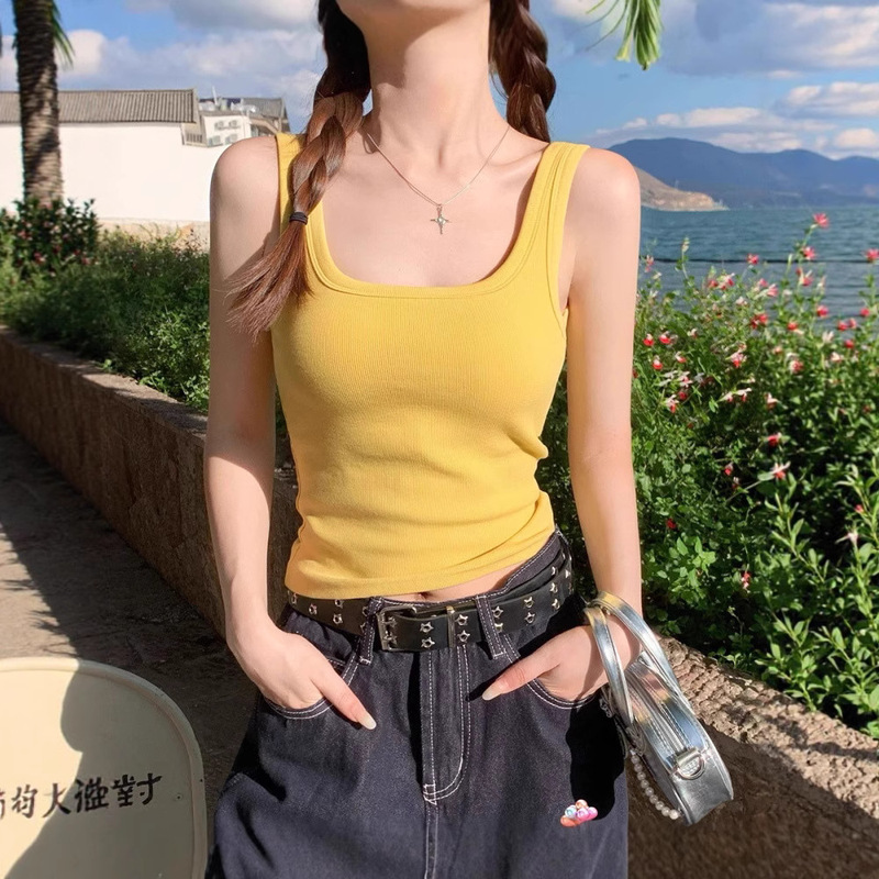 Yellow Camisole Women's Camisole with Breast Pads 2025 New Style Inner Wear Summer Outer Wear I-Shaped Bottoming Top