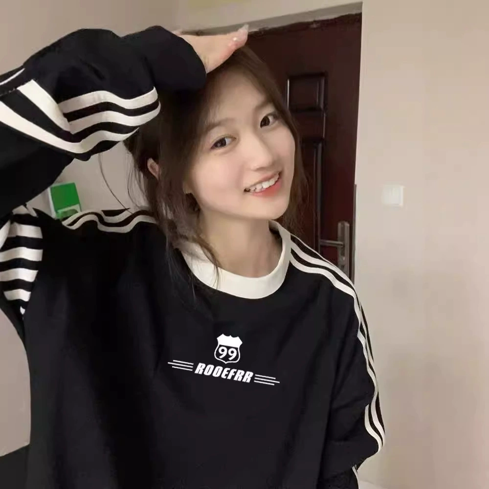 Ленивый ветер весенний и осенний новый трехполосный свитер женский стиль тонкий и дикий стиль пара свободная осенняя рубашка с длинными рукавами