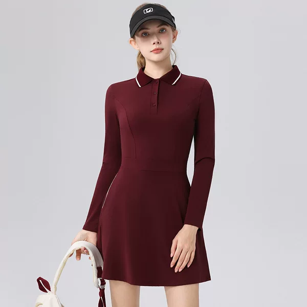 2025 Autumn and Winter Export Wholesale Long-Sleeved Sports Dress Elegant Classy Tennis Dress High Elastic Polo Collar