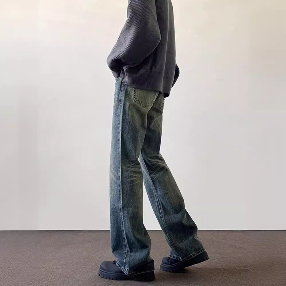 High Street Washed Old Jeans, Men's American Cleanfit Micro Ragged Pants, Trendy Brand Straight Slender and Long Pants_voghion.com