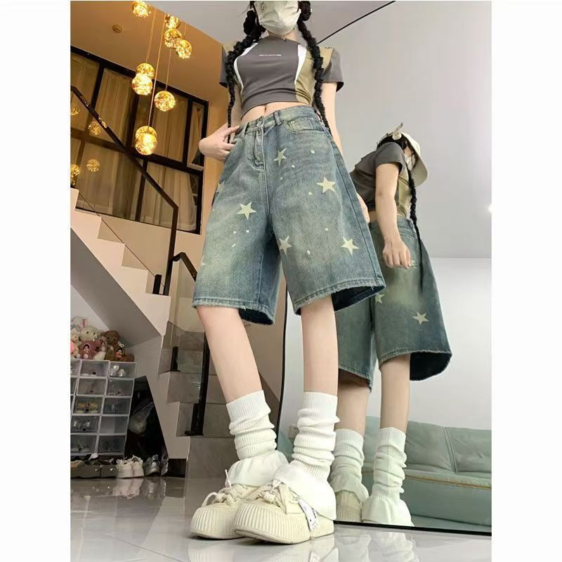 Star Slimming Street Wide-Leg Denim Shorts for Women, Summer American Style Washed Loose Retro Trendy Straight-Leg Shorts