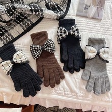 韩国东大门新款女毛线针织蝴蝶结手套冬季保暖分指可触屏时尚手套