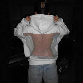 欧美跨境2025秋冬新款女装亚马逊时尚纯色露背镂空网纱连帽衫卫衣