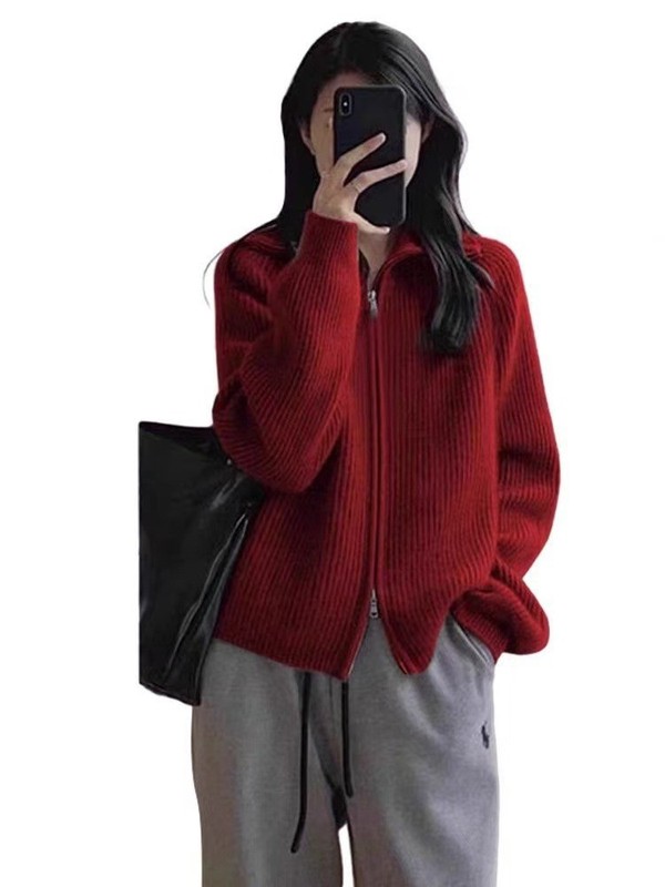 双拉链毛衣外套秋冬新款韩系女上衣慵懒风宽松设计感针织开衫气质|undefined