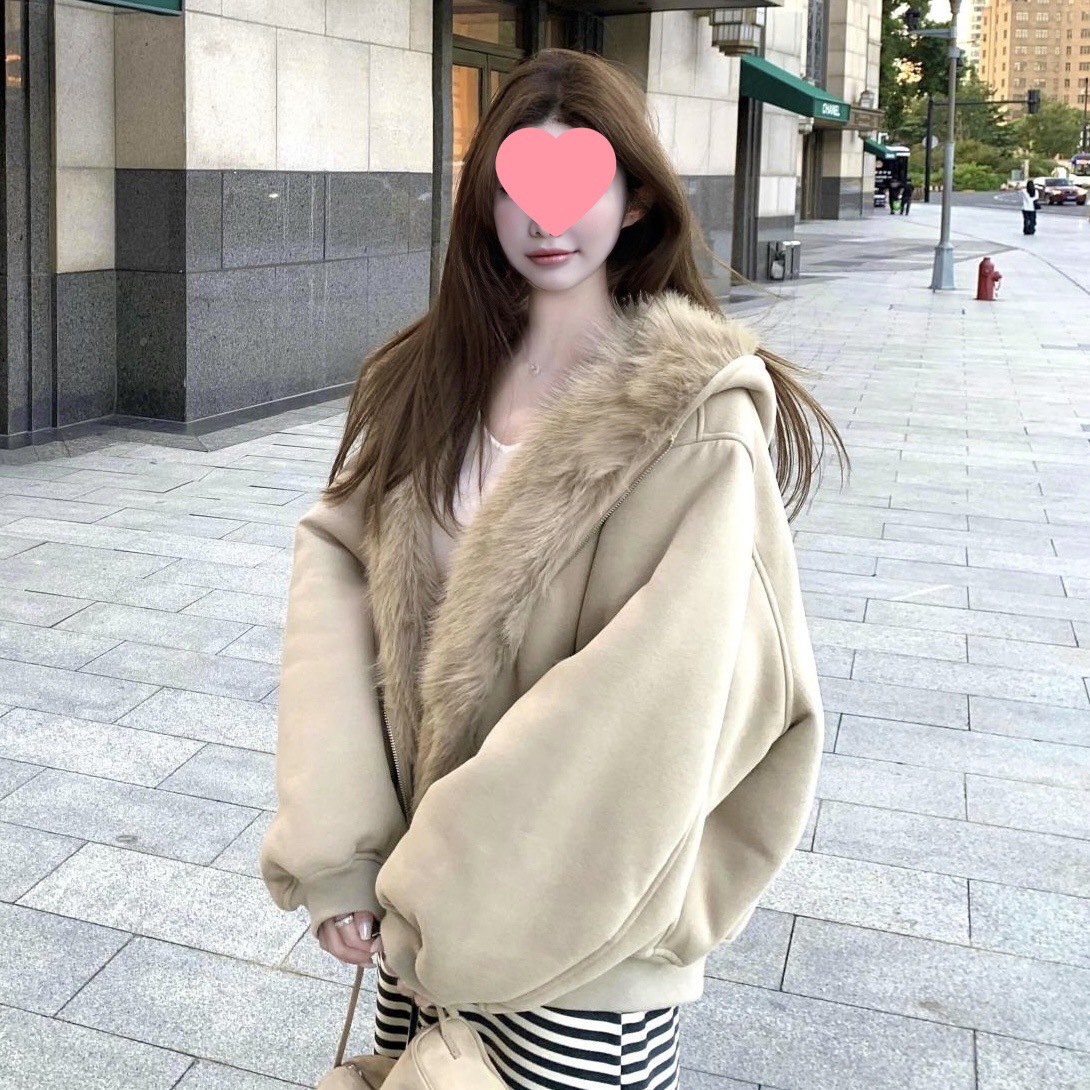 跨境绒绒小雪人 正反两穿其色毛毛外套女冬季加厚保暖连帽拉卫衣