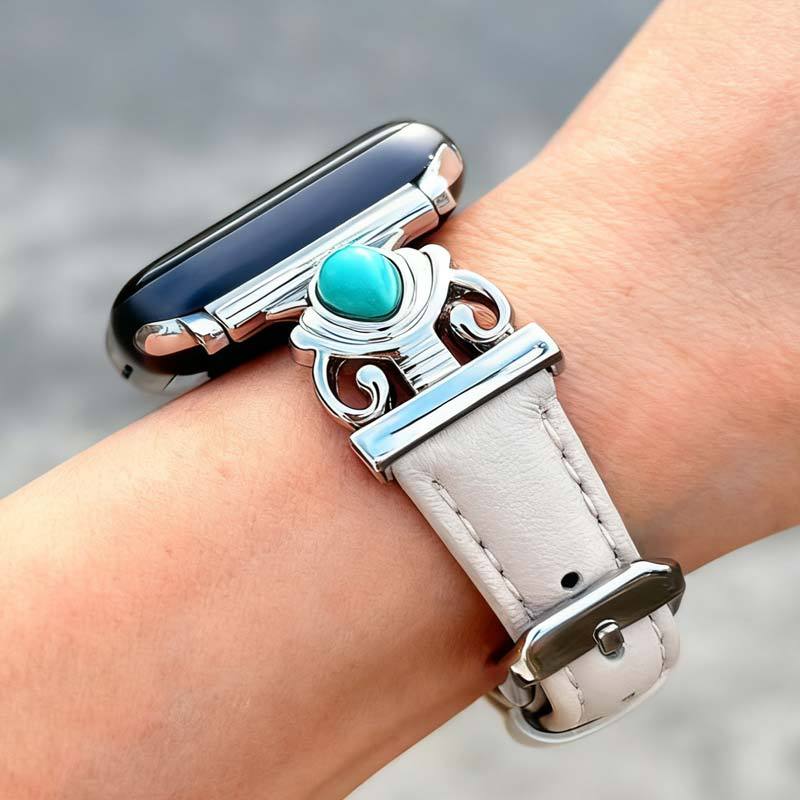 Retro Imitation Turquoise Metal Decorative Watch Strap Bohemian Style Smart Watch Genuine Leather Cross-Border Bestseller Versatile