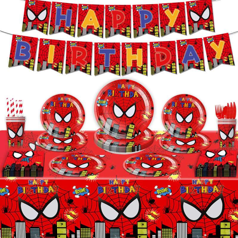 Cartoon Marvel Anime Red Spider Theme Birthday Party Paper Plates Paper Cups Banners Tablecloth Spider-Man Decoration Supplies