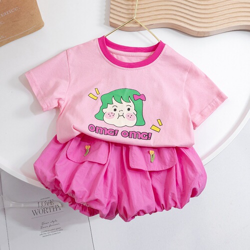Baby girl summer suit  new style girls Korean printed short-sleeved T-shirt cute flower bud pants two-piece set trendy