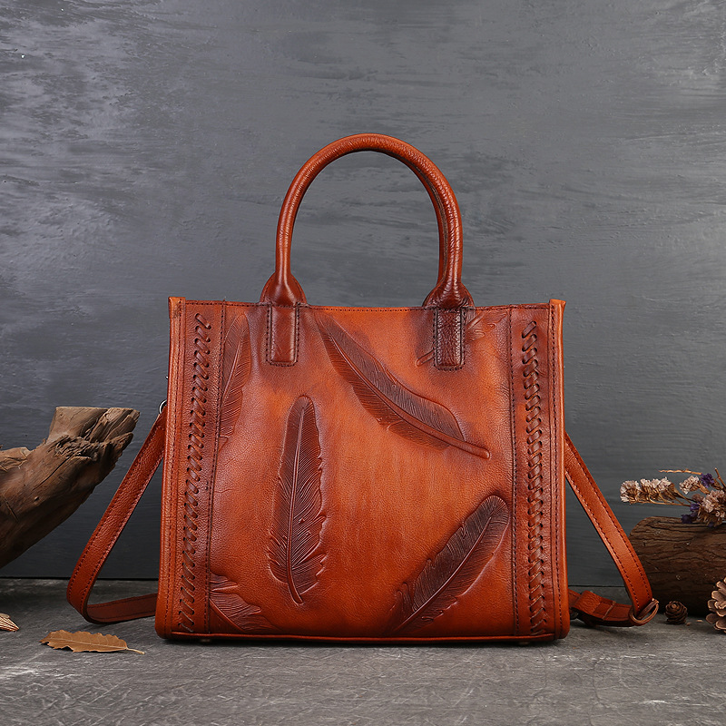 Genuine Leather Women's Handbag Top Grain Cowhide Vintage Small Square Bag Feather Embossed Tote Shoulder Bag - Thumbnail 8