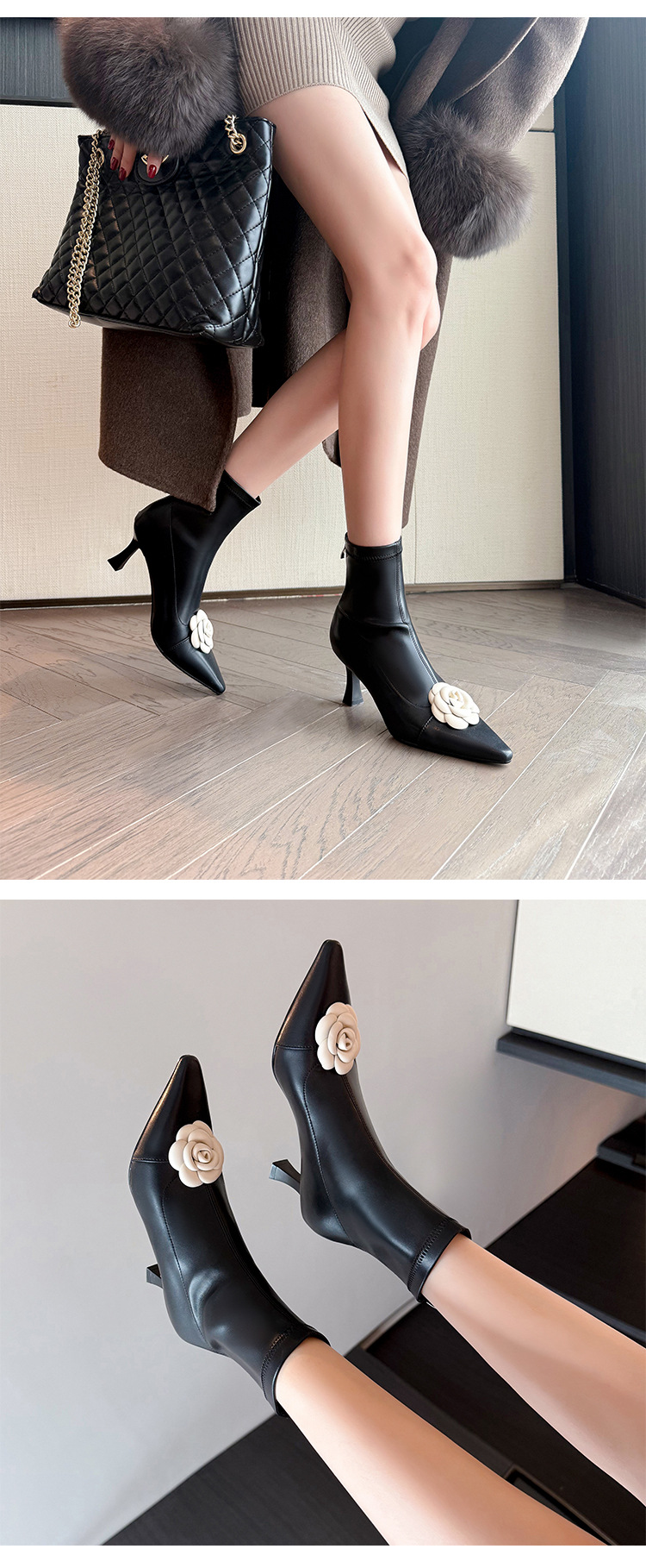 Boot nữ cổ thấp mũi nhọn phối màu thanh lịch, gót mỏng 6 cm, khóa kéo sau — màu đen, Màu trắng nhạt chi tiết 10