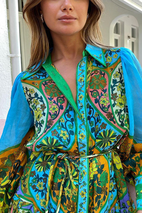 Mujeres Vestidos Normal Vacaciones Cuello De Camisa Impresión Manga Larga Planta Vestido A Media Pierna Fiesta Playa display picture 3