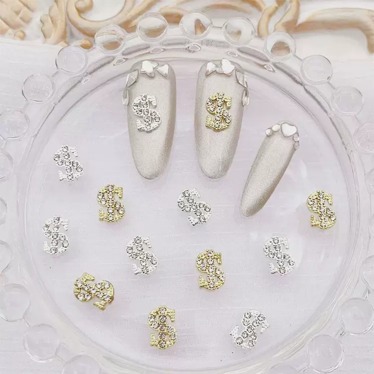 跨境合金美甲饰品立体金色银色DIY爆闪穿戴甲美元美甲饰品diy批发