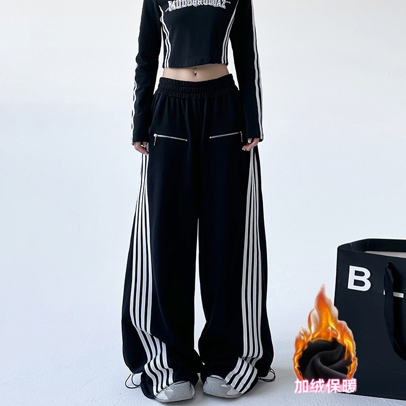 白色街头运动休闲裤女2025秋季新款侧条纹宽松阔腿裤慵懒运动裤子|undefined