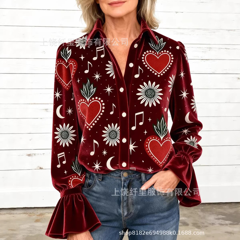 Cross-Border Amazon Independent Site New Creative Fashion Versatile Long-Sleeve 3D Printed Women's Velvet Lapel Shirt Cross-Border Amazon Independent Site New Creative Fashion Versatile Long-Sleeve 3D Printed Women's Velvet Lapel Shirt