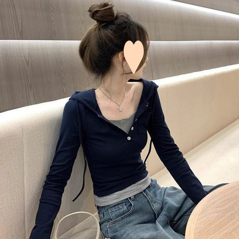 大码设计感纽扣连帽长袖恤女2025秋季修身显瘦假两件小众上衣|undefined