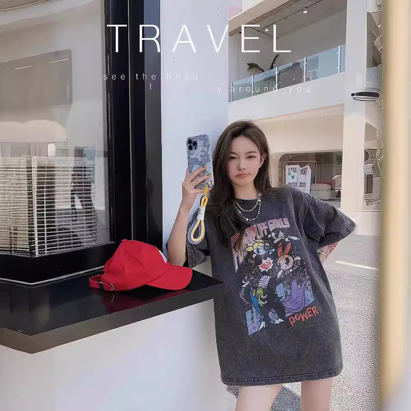 S46101 Source (220g Combed Tight Silicone) Washed Black Distressed Douyin Popular Pure Cotton Short-Sleeved T-Shirt