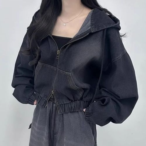 Korean Version Chic Spring and Autumn Hong Kong Style Personality Double Zip Loose Casual Versatile Short-Sleeve Hooded Denim Jacket for Women