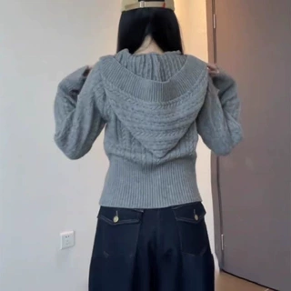 慵懒风麻花连帽针织衫女款开衫春秋韩系宽松拉链毛衣秋冬短款上衣