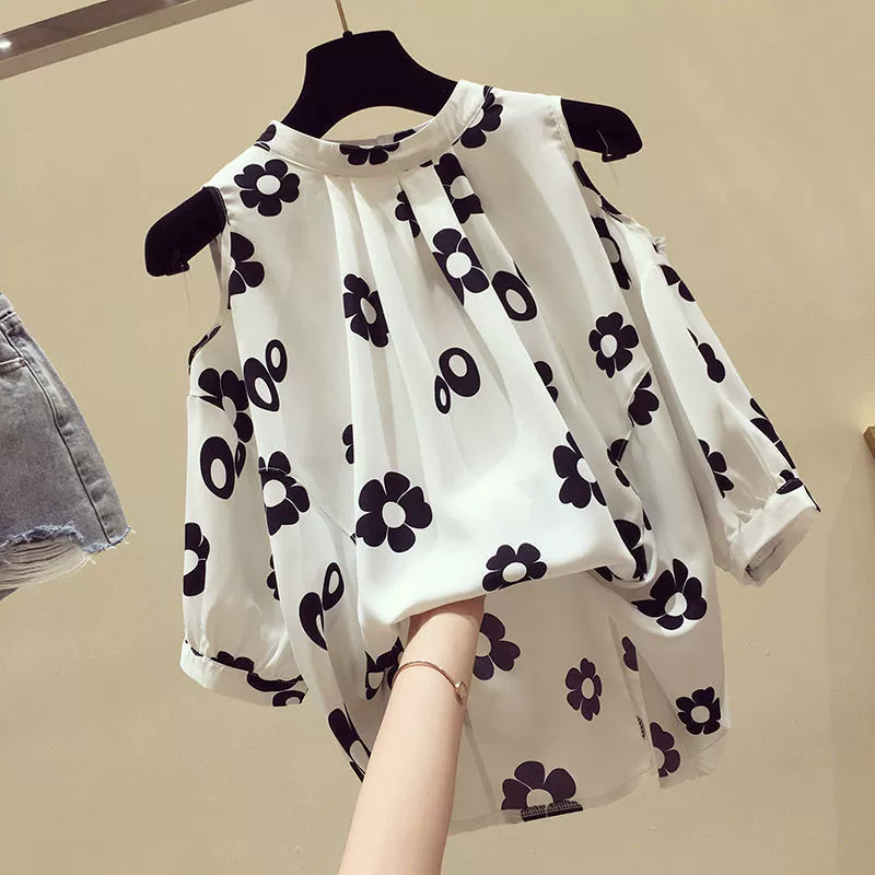 Женская летняя свободная и универсальная шифоновая рубашка с открытыми плечами и короткими рукавами больших размеров для полных девушек, модный утягивающий топ, закрывающий живот