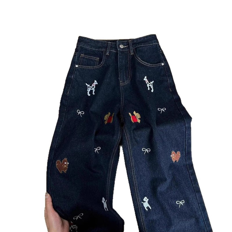 刺繍子犬蝶結びデザイン紺色ハイウエストストレートジーンズ|undefined