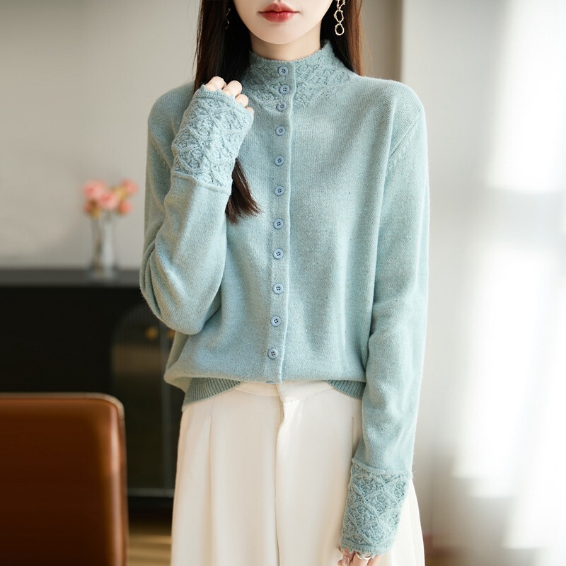 Raccoon Velvet Seven-Needle Thickeneded Half Turtleneck Knitted Cardigan 2025 New Autumn and Winter Cut Out Crochet Sequin Top