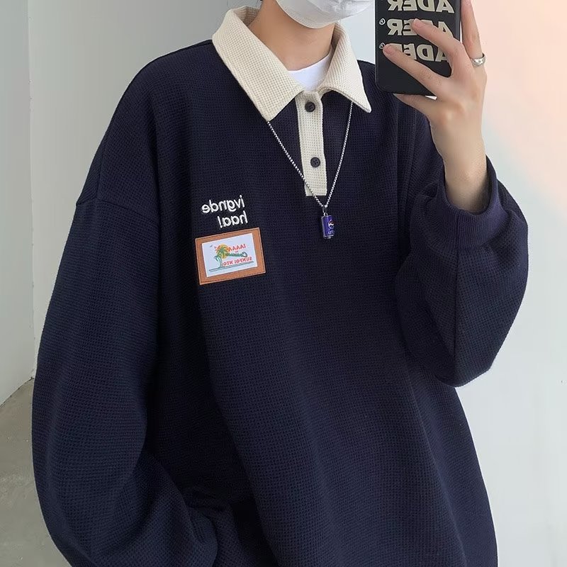 Suéter de los hombres waffle camisa polo otoño ins moda suelta japonés retro casual niños abrigo solapa