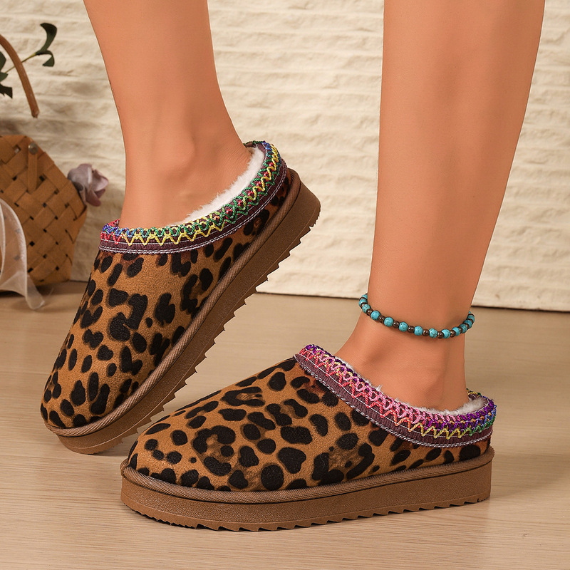 Snow Boots for Women Cross-Border Large Size Winter Plus Velvet Fur Warm Thick-Soled Slippers Platform Sole Heelless Cotton Shoes for Women